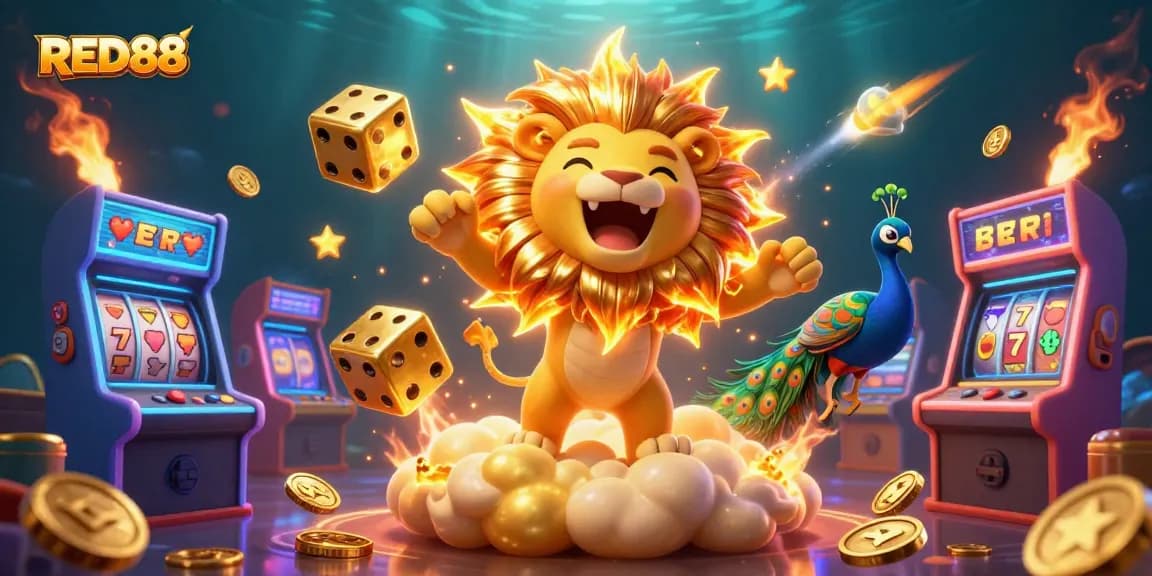 Experience RED88's vibrant casino atmosphere with slot reels, golden dice, and dynamic gaming elements.