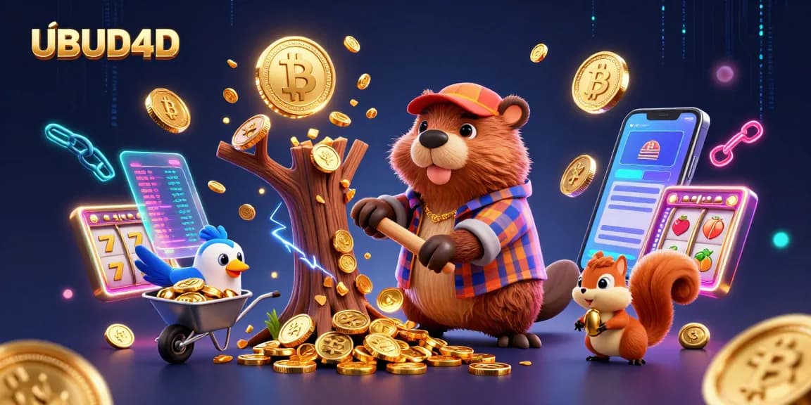 Engage with UBUD4D as the lumberjack beaver collects golden coins raining down in this vibrant casino scene.