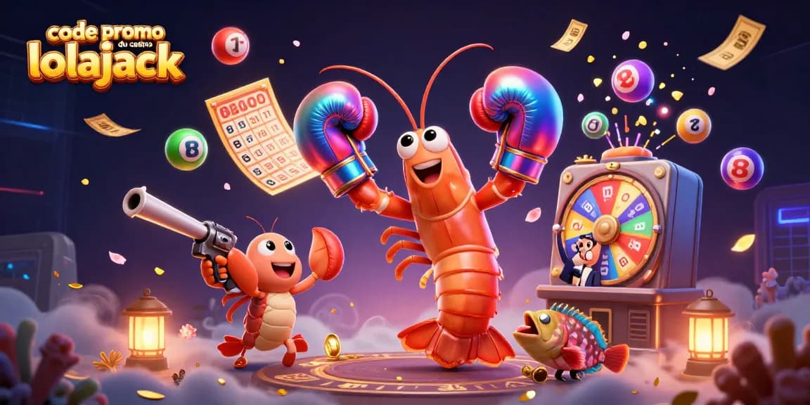 Gagnez avec le code promo du casino lolajack dans une illustration dynamique de casino avec des boules de loterie colorées.