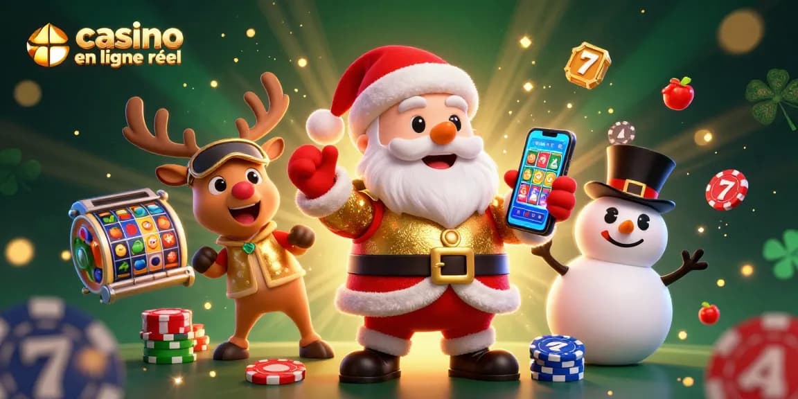 Illustration de casino en ligne argent réel montrant un Père Noël et ses amis dans une scène festive de jeu.