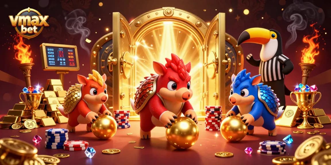 Experience vmax bet with vibrant pangolins and sparkling treasures in a 3D casino scene.