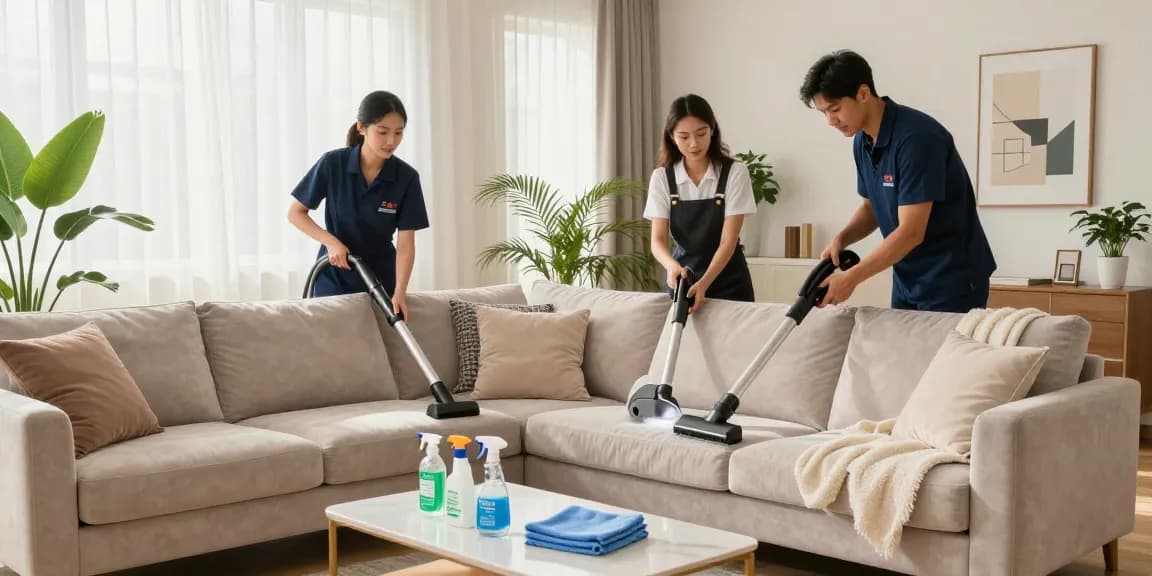 Professional couch cleaning team using eco-friendly equipment in a cozy living room.