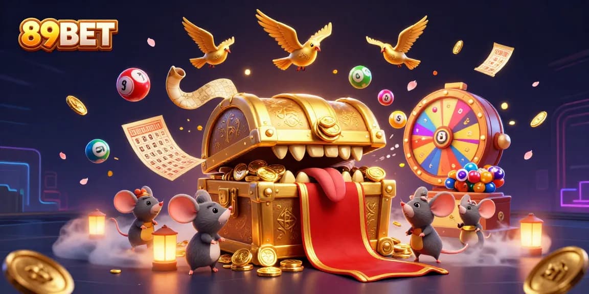 Engage with the colorful 89BET gaming scene featuring a golden treasure chest and dynamic lottery elements.
