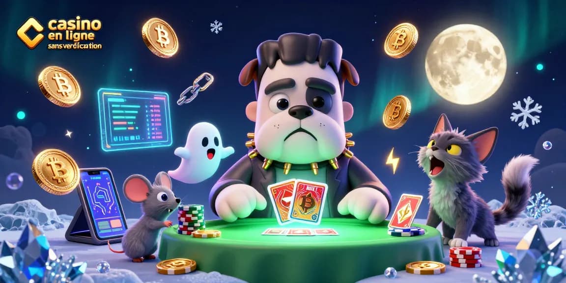 Participez à un casino en ligne sans vérification avec une illustration de bulldog Frankenstein et des éléments de jeu fascinants.