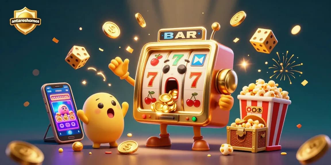 Play exciting casino games at antareshomes with vibrant characters hitting jackpots and tossing gold.