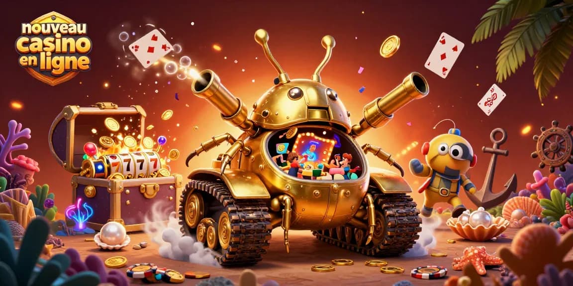 Découvrez les jeux captivants du nouveau casino en ligne avec un tank doré et des éléments ludiques.