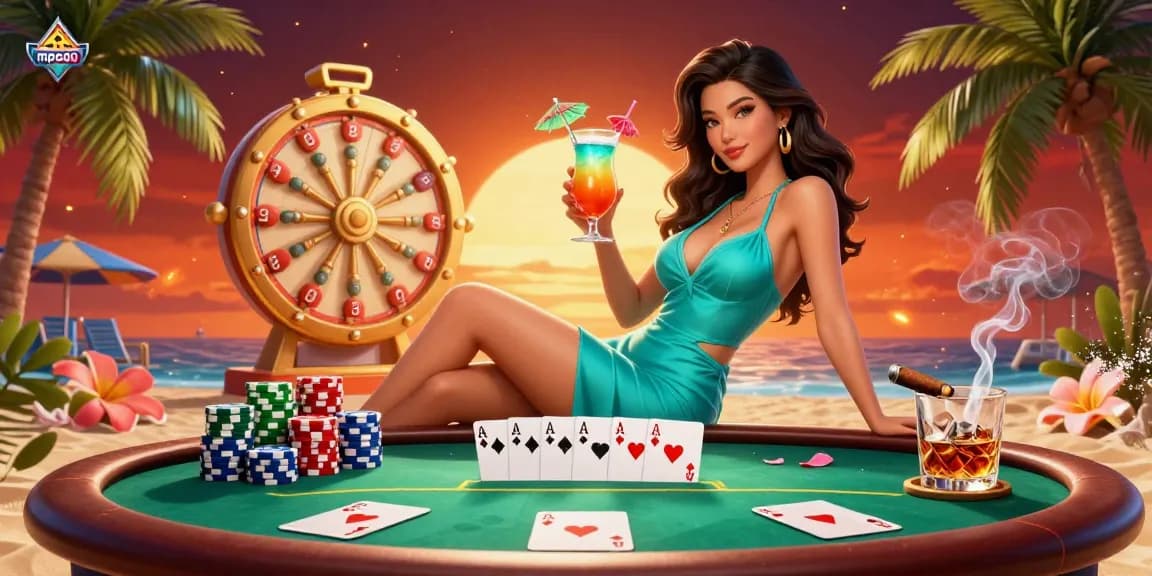 Engage in thrilling games at mpo500 with a glamorous Asian woman in a tropical casino setting, showcasing poker action.