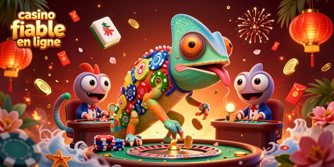 Découvrez un casino fiable en ligne avec un chameleon cartoon et des éléments de jeu vibrants. Jouez et gagnez!