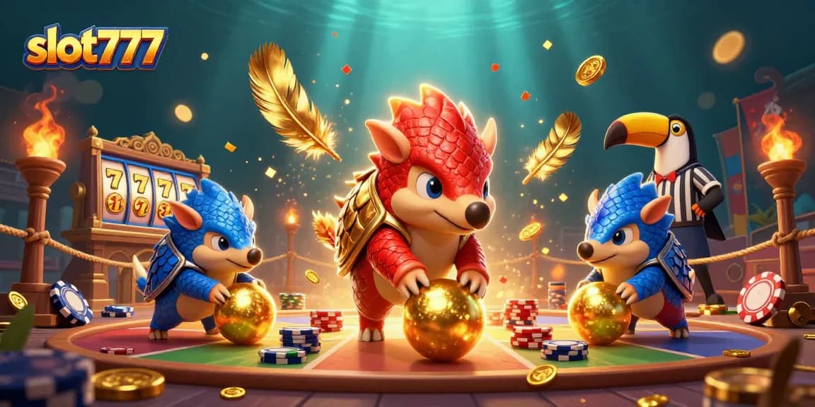 Experience the excitement of slot777 with pangolins competing through poker chips and jackpots in this lively casino scene.
