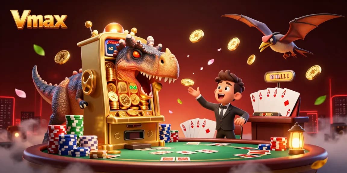 Vmax features a cartoon pachycephalosaurus winning coins from a golden slot machine in a busy casino scene.