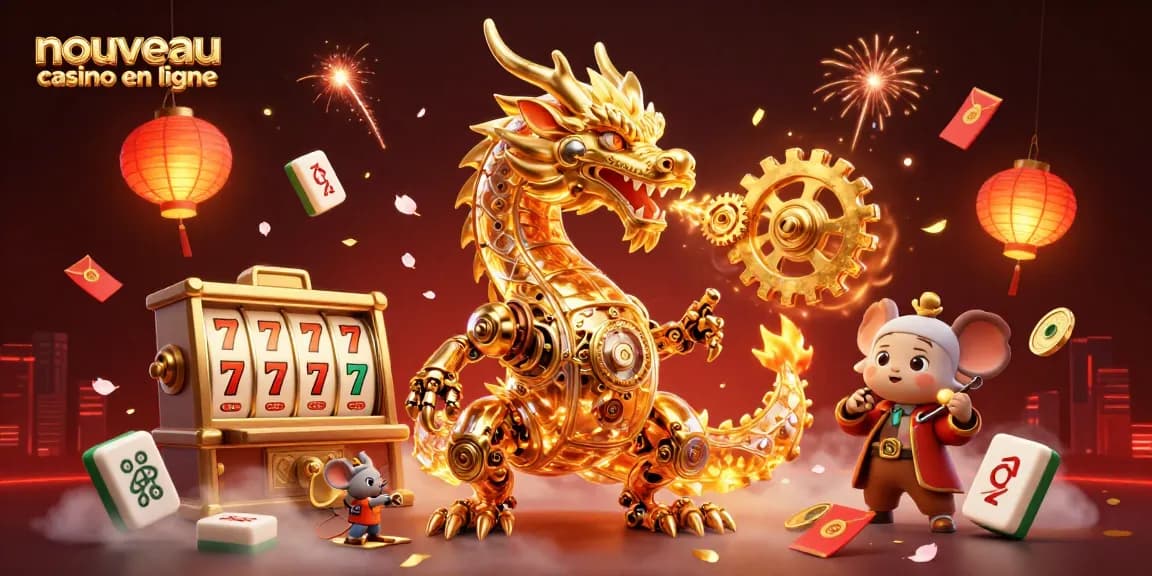 Jouer sur un nouveau casino en ligne, découvrez un dragon mécanique doré et de nombreux éléments de jeu flottants.