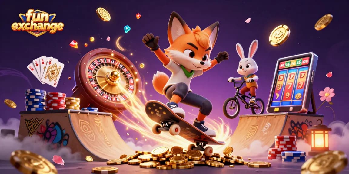 Engage in fast-paced betting with fun exchange on a vibrant casino-themed illustration.