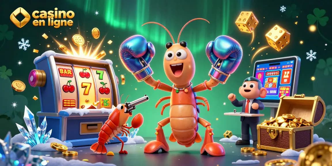 Casino en ligne : illustration animée captivante avec des crevettes et des machines à sous.