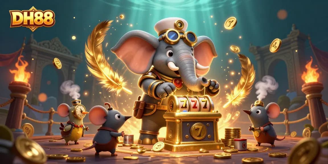 Engage with DH88's thrilling slots, featuring a steampunk elephant and vibrant casino elements.