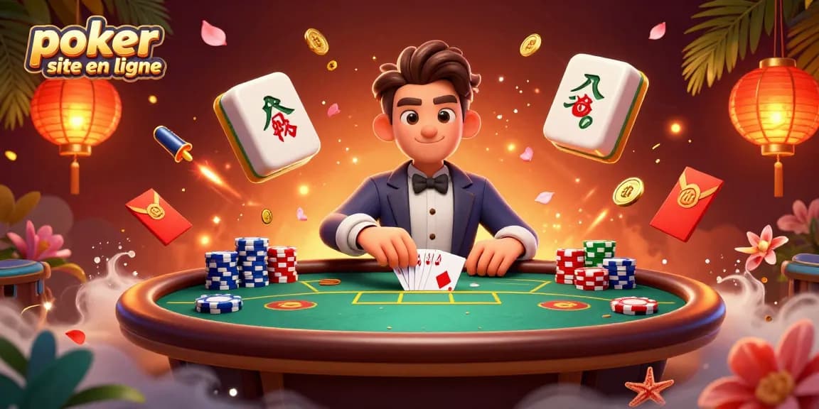 Jouer au poker sur un site de poker en ligne avec une main gagnante et des jetons éparpillés autour.