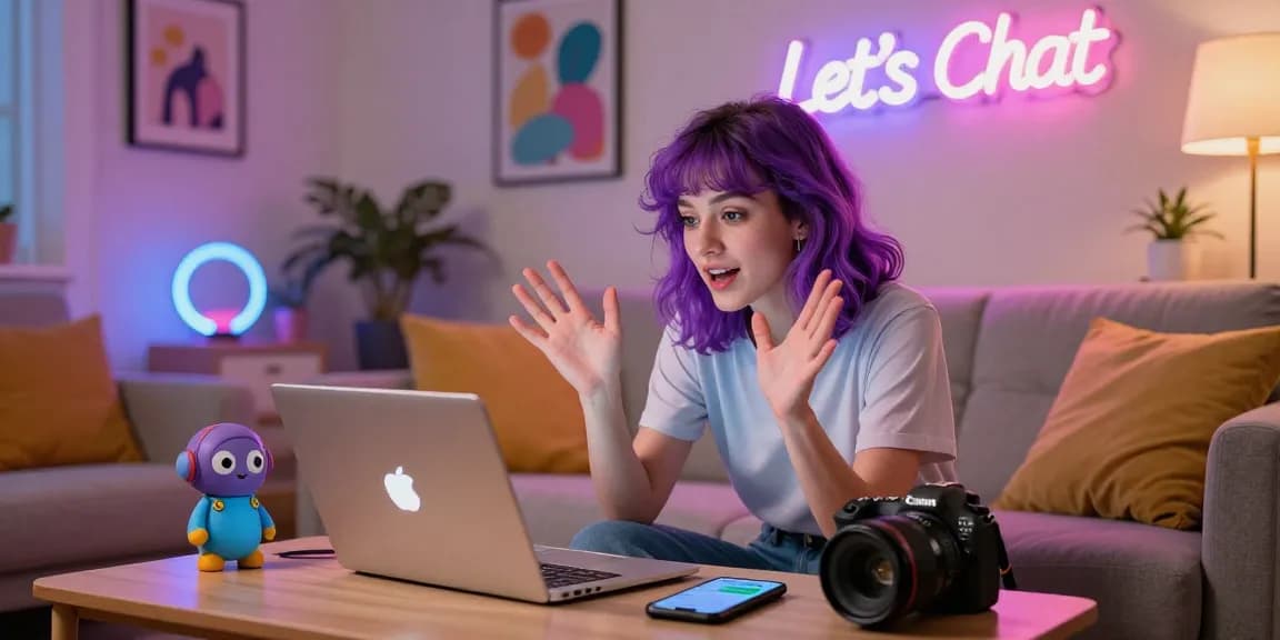 Energetic NSFW chat scene with a young woman engaging with a digital character, modern decor and warm lighting creating an inviting atmosphere.