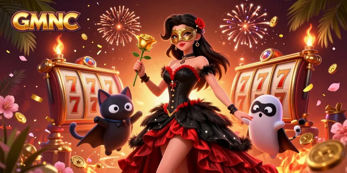 Engage with GMNC's vibrant online gaming scene featuring a glamorous lady and casino elements.