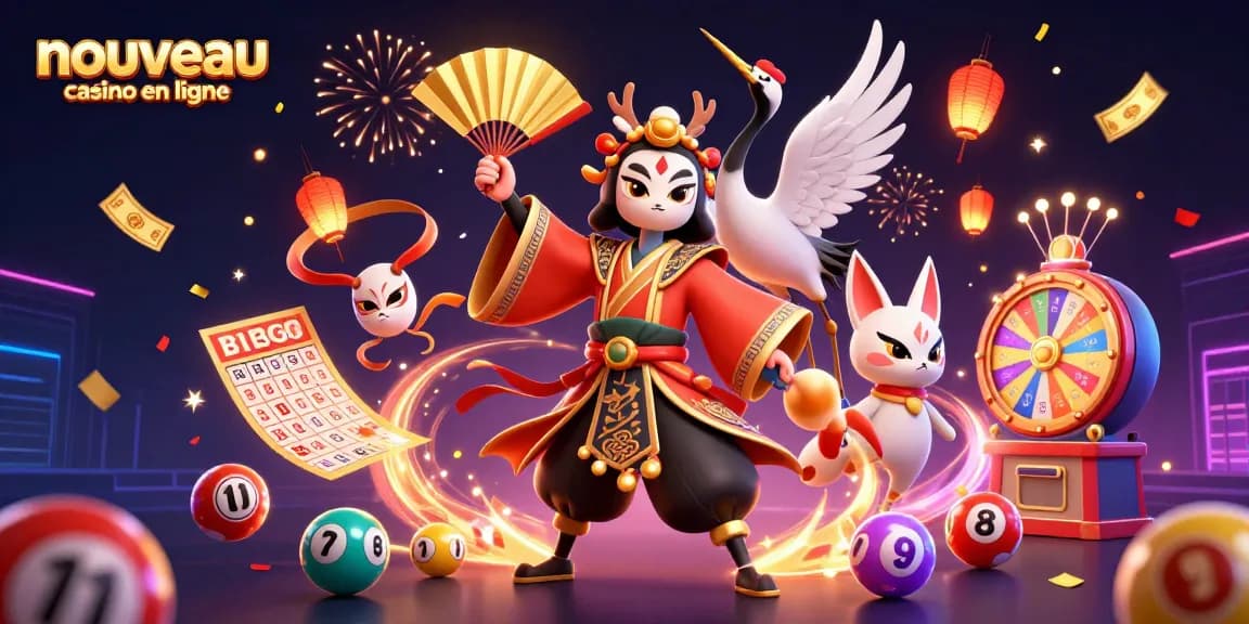 Explorez le nouveau casino en ligne avec une illustration vivante de personnages de jeu, jonglant avec les boules de loterie et les éléments festifs.