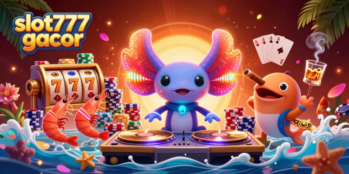 Jelajahi slot777 gacor dengan ilustrasi unik DJ axolotl neon yang menghibur, dikelilingi elemen permainan menarik.