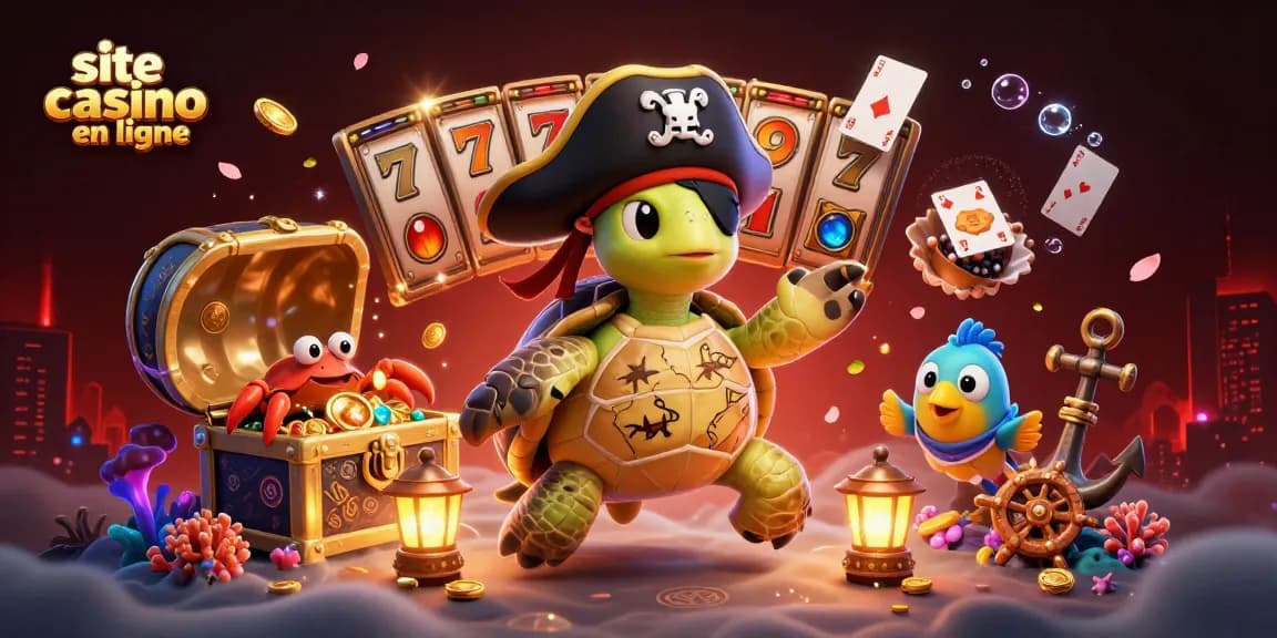 Jouez sur un site casino en ligne avec une tortue pirate et un crabe hermite autour de trésors sous-marins.