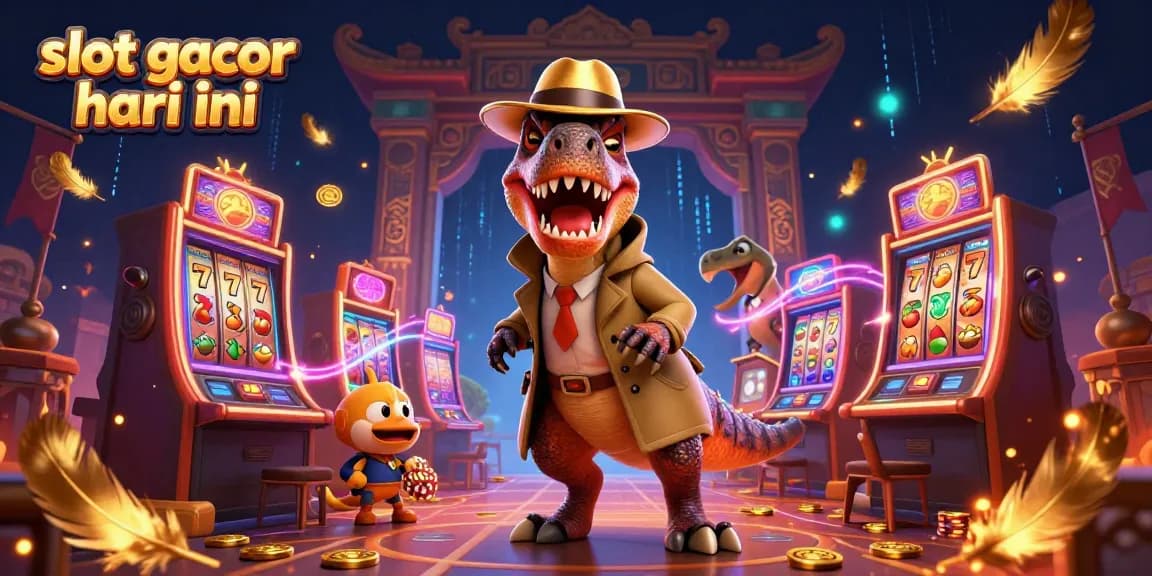 Experience thrilling slot gacor hari ini action with animated velociraptor at a vibrant casino scene.