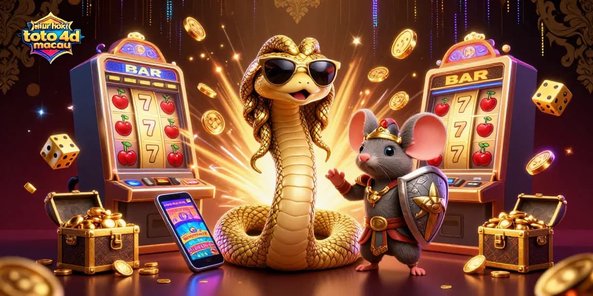 Win big in jalur hoki toto 4d macau with a vibrant scene of 3D slots, friendly characters, and jackpot excitement.