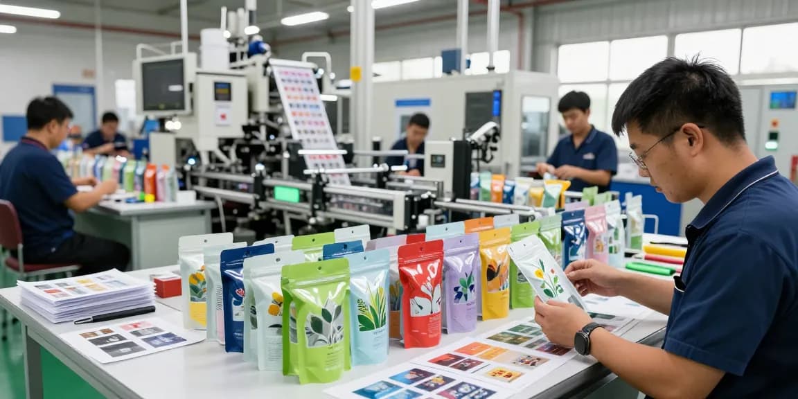 Stand up pouch production in a modern factory showcasing vibrant designs and skilled workers.