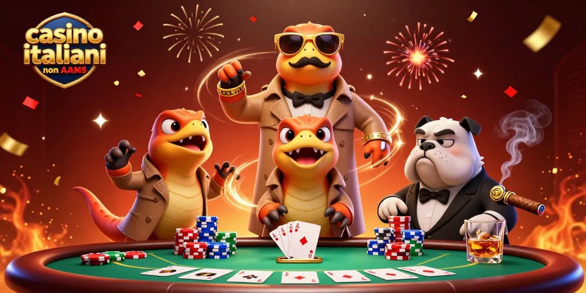 Gioca nei migliori casino italiani non AAMS con raptor in trench coat e bouncer, chips e carte volando intorno.