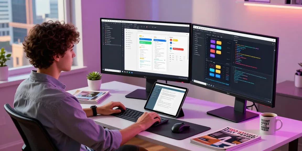 Developer at a modern tech workspace creating software for teiegramin.com with vibrant colors and dual monitors.