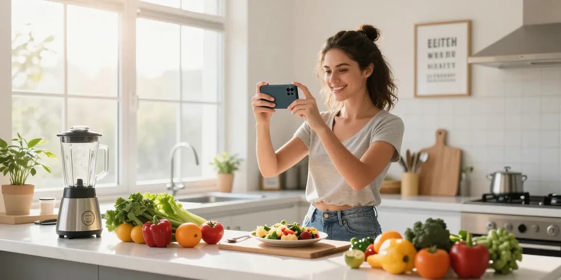Healthy cooking scene showcasing the best nutrition tracking app usage with a woman photographing her meal.
