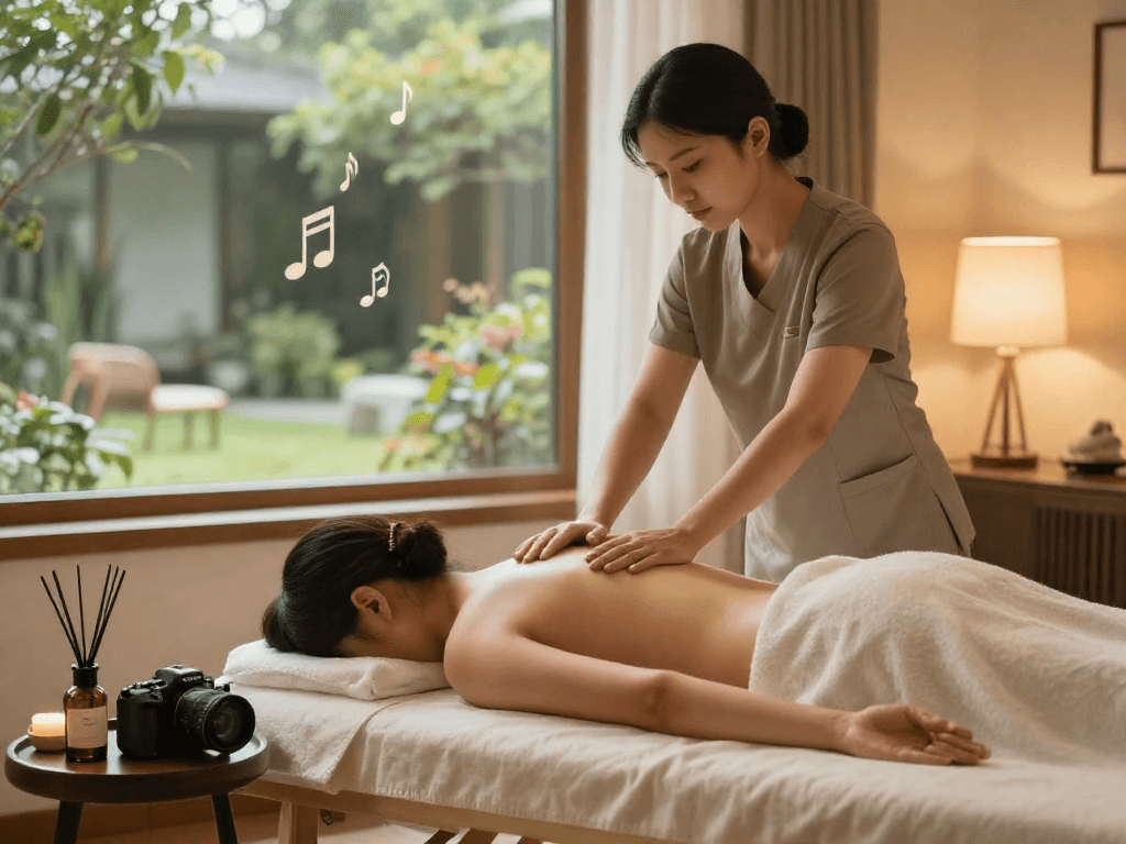 출장마사지 in a serene home setting with relaxing ambiance and professional masseuse.