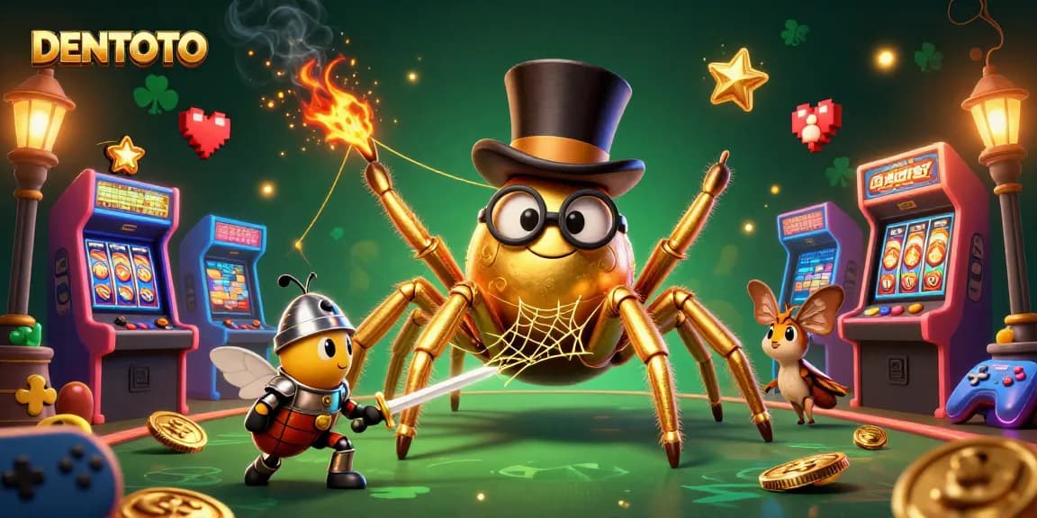 DENTOTO engages players with a thrilling scene featuring a golden tarantula and a beetle knight amid vibrant casino elements.