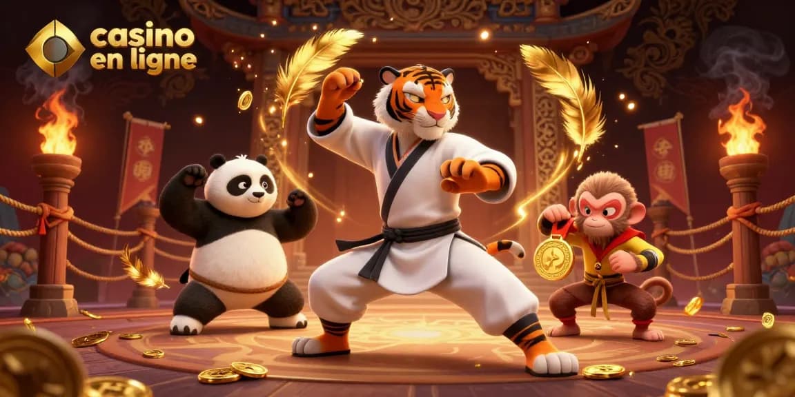 Jouez à des jeux fascinants de casino en ligne avec un tigre maître kung fu, un panda et un singe.