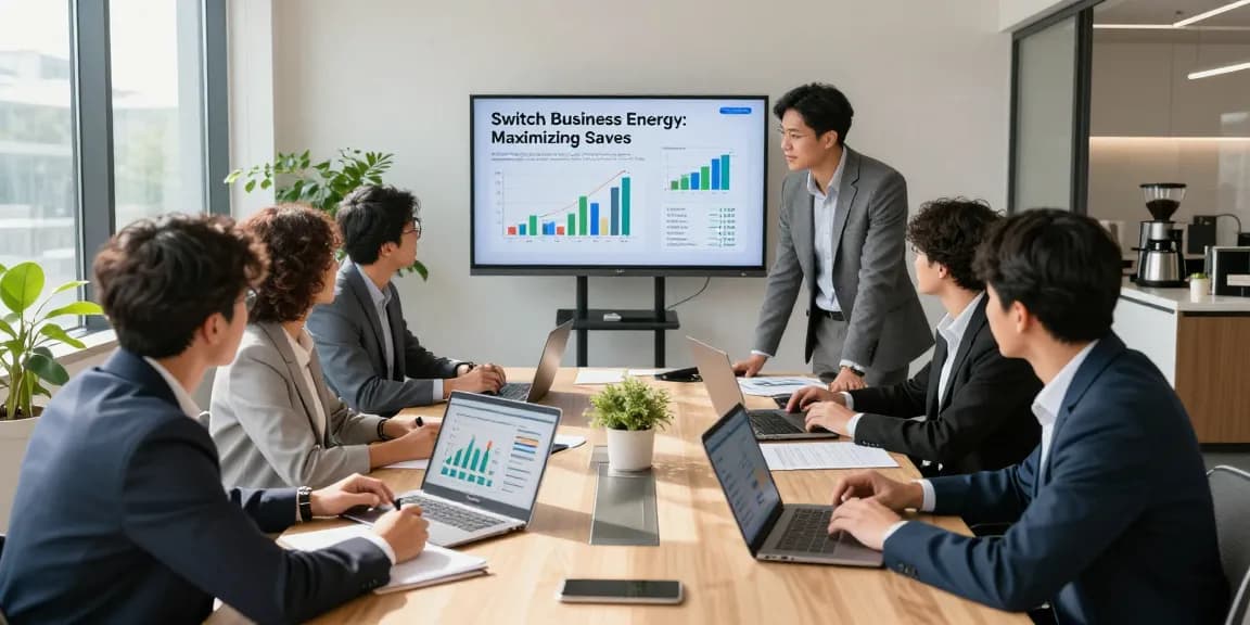 Team meeting in a modern office focused on how to switch business energy for cost savings.