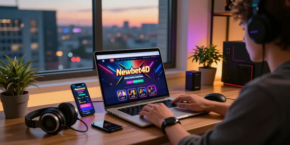 Online gaming enthusiast engaging with newbet4d on a sleek laptop in a vibrant home office.