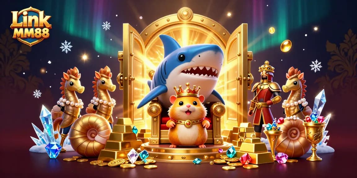 Catch the excitement with the vibrant Link MM88 casino illustration showcasing the golden hamster king and treasures.