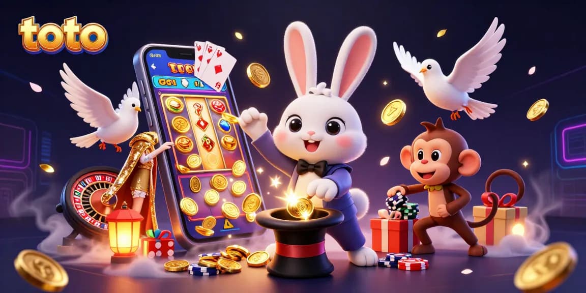 Taruhan toto dengan kelinci pesulap dan koin emas dalam ilustrasi kasino yang mengesankan.