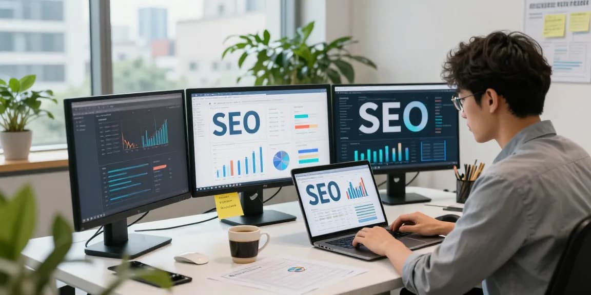 SEO 전문 회사에서 온라인 광고 전략을 분석하는 장면