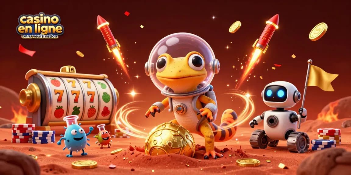 Gagnez avec le casino en ligne sans verification grâce à un gecko martien découvrant un casino doré sur Mars.
