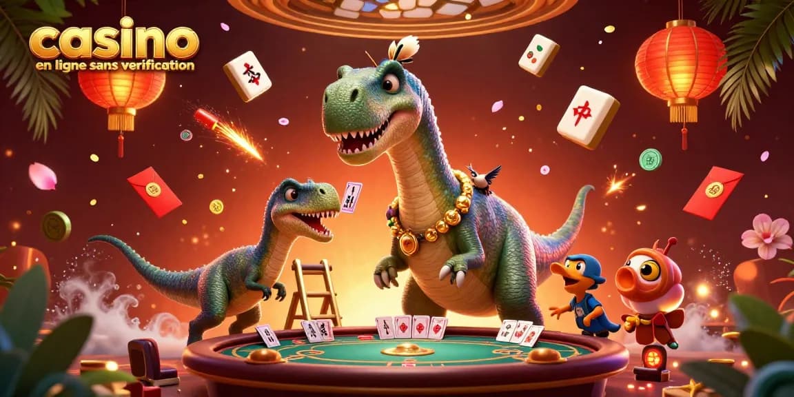 Jouez au casino en ligne sans vérification avec une illustration animée de dinosaures et des éléments de jeu captivants.