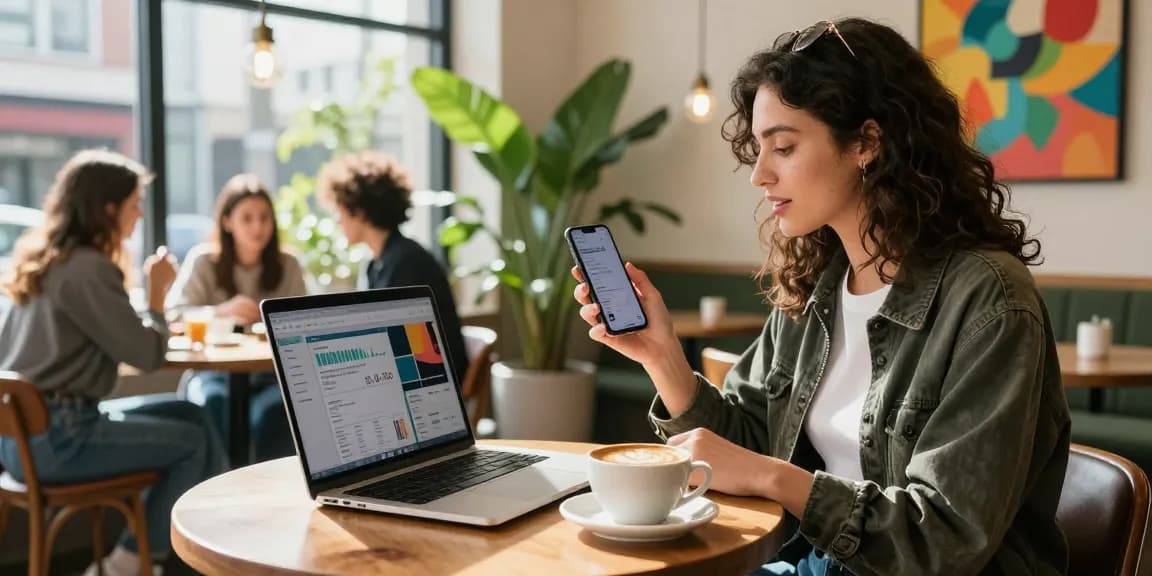 Social media influencer using the best sites to buy Instagram likes at a chic coffee shop, showcasing engagement strategies for growth.