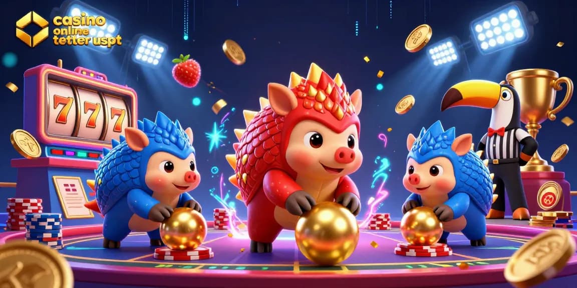 Giocando nei casino online tether usdt, due pangolini rivali animati si sfidano con monete d'oro e simboli delle slot