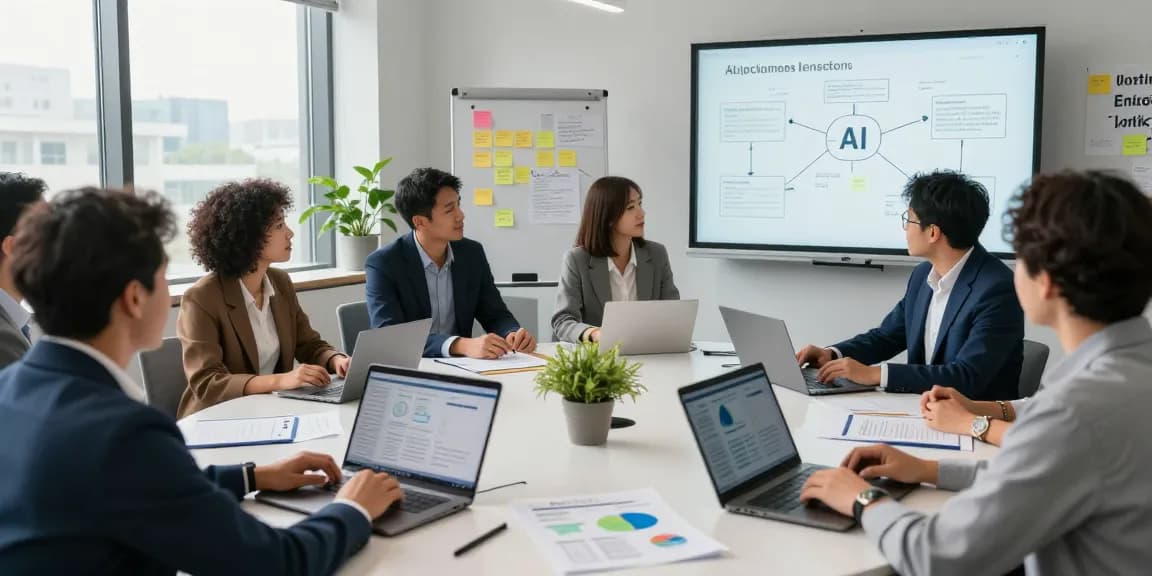 How to turn AI into business via innovative teamwork discussing data analytics and strategies in a corporate workspace.