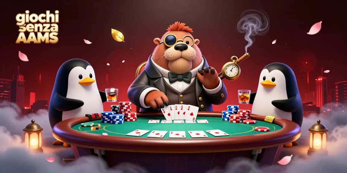 Gioca nei casinò senza AAMS con un walrus elegante in aderenza al tavolo di poker, circondato da carte e fiches.