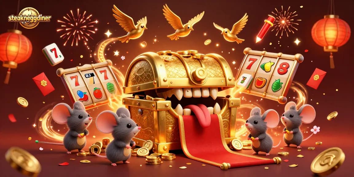 Engage with steakneggdiner's vibrant casino scene, featuring animated golden treasure and rich gambling elements