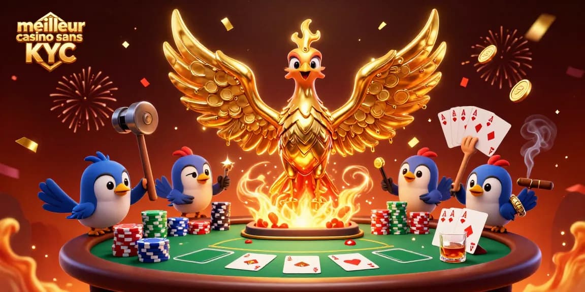 Visuel captivant du meilleur casino sans KYC, mettant en avant des éléments de poker et un phoenix doré.
