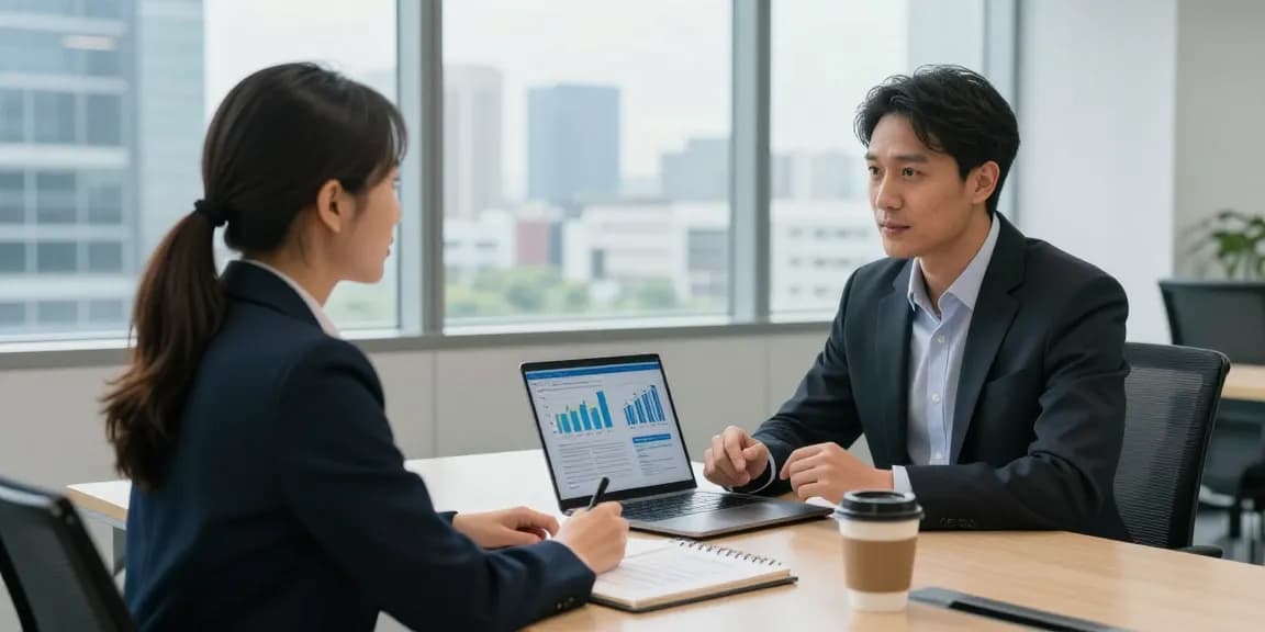 Discussing merchant cash advance options in a modern office setting with financial advisor and business owner.