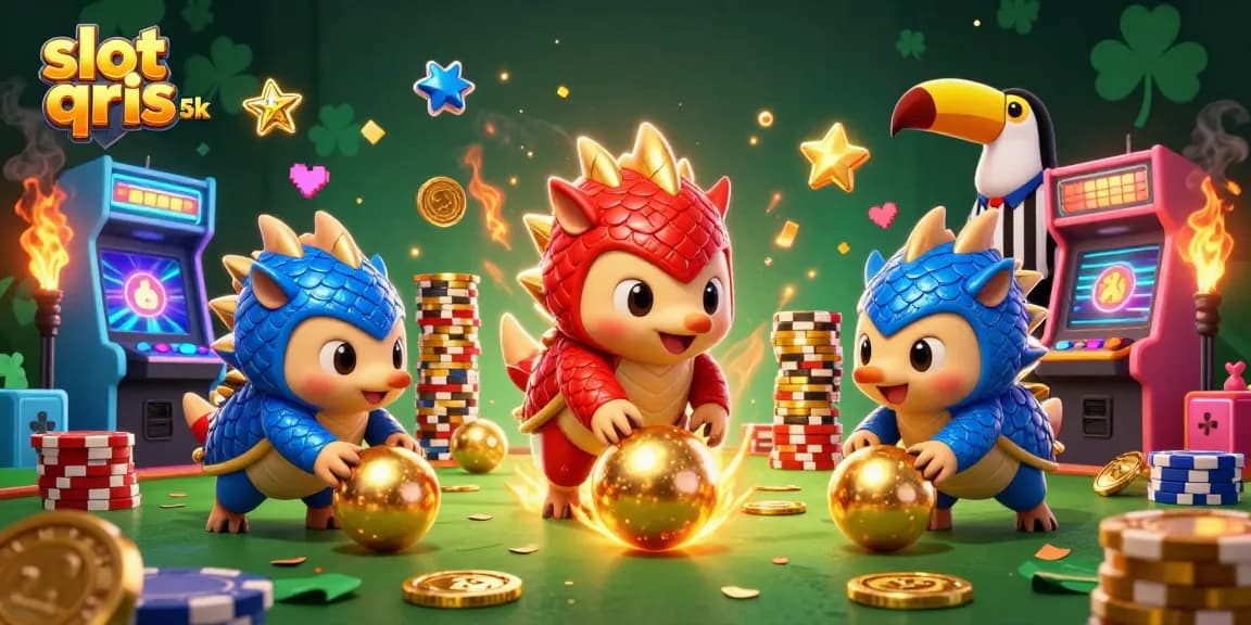Engage with slot qris 5k's thrilling world as colorful pangolins play amidst cascading coins and vibrant arcade elements.