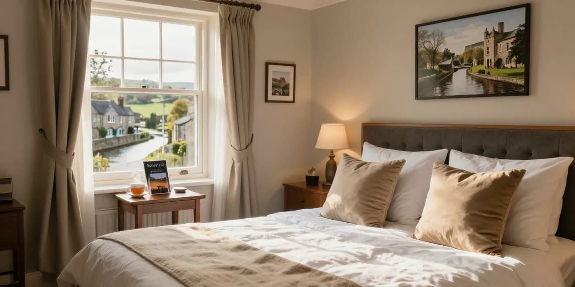 Guesthouse Skipton room featuring cozy décor, inviting bed, and warm sunlight illuminating the space