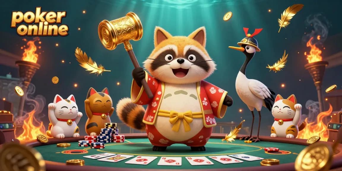 Jouez au poker en ligne avec un tanuki et un crâne en arrière-plan, entourés de jetons et d'effets atmosphériques.